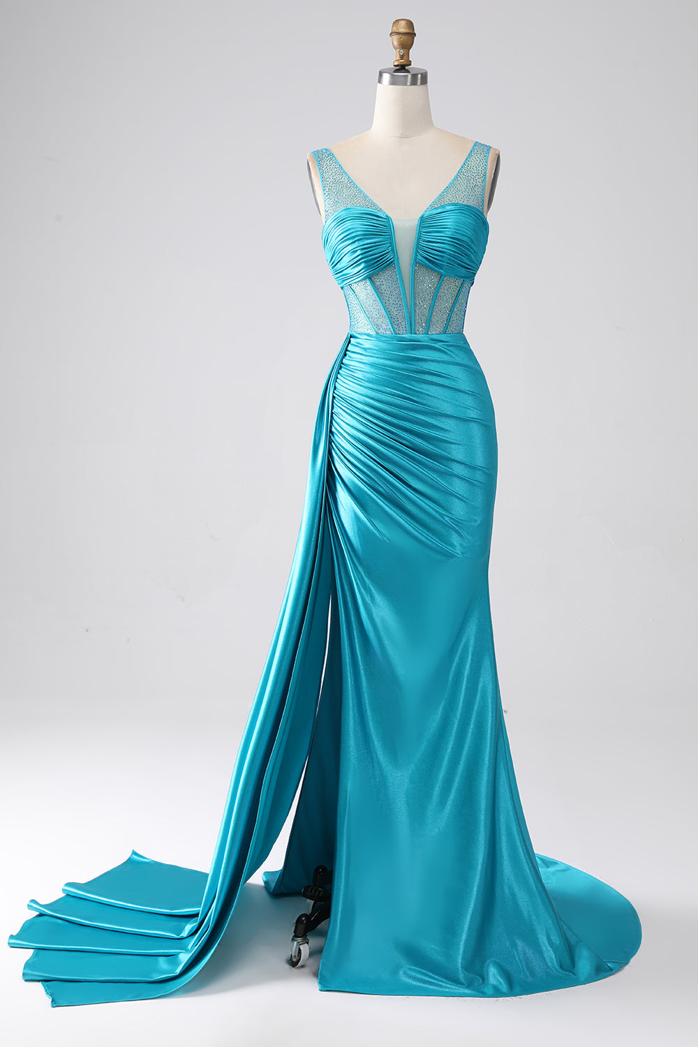 Turquoise Mermaid V-Neck Sweep Train Pleated Corset Beaded Long Prom Dress