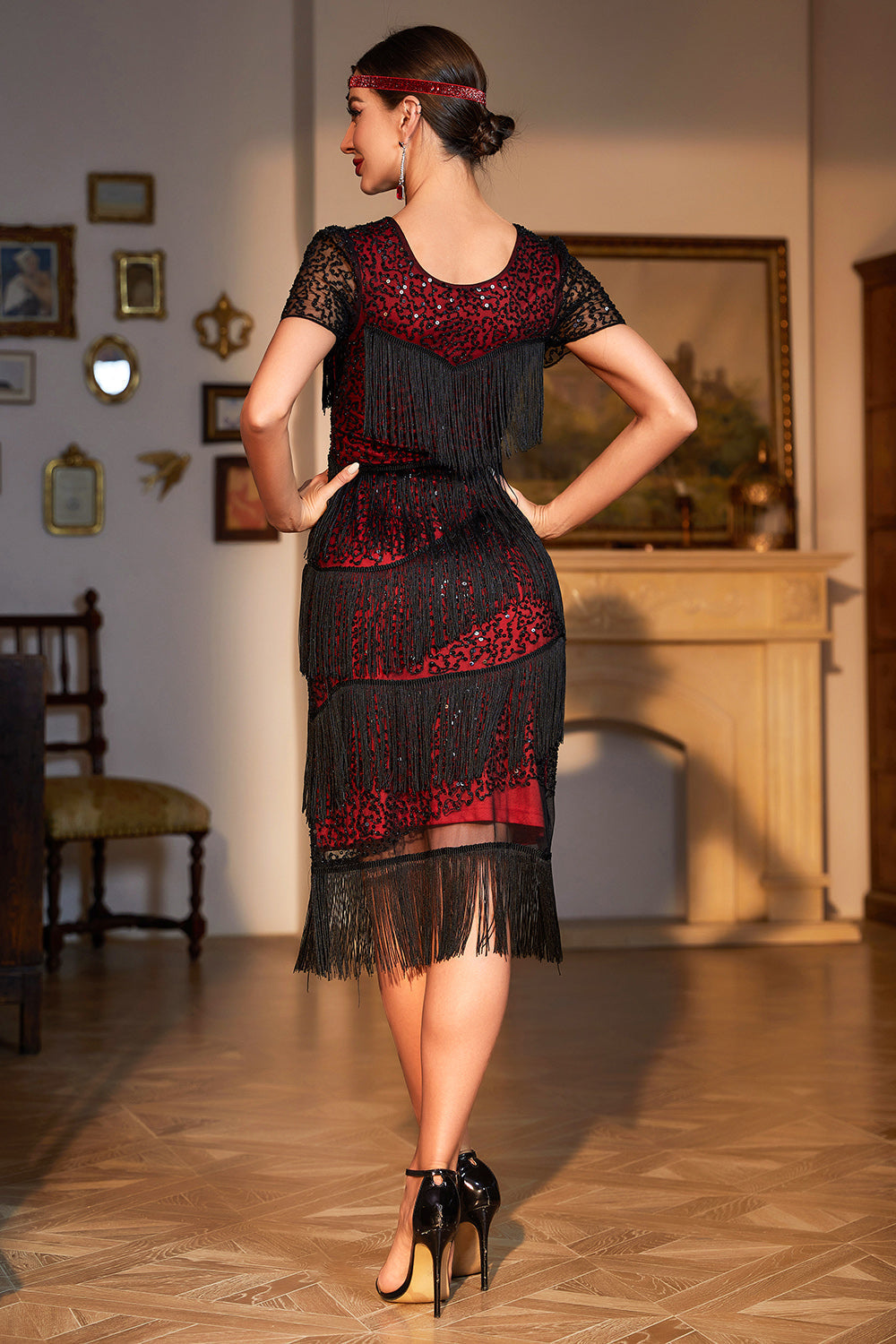 Black Red Jewel Neck Beaded Gatsby Fringed Flapper Dress