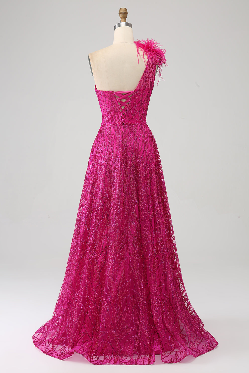 A-Line One Shoulder Feather Sequin Fuchsia Prom Dress With Slit