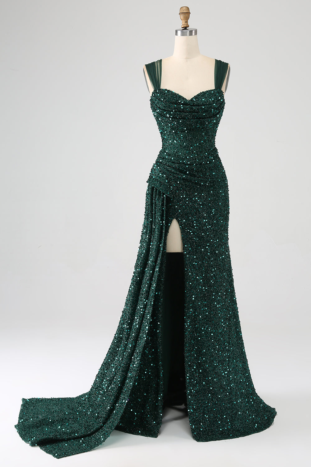 Sparkly Dark Green Sheath Sequin Pleated Long Prom Dress With Thigh Split