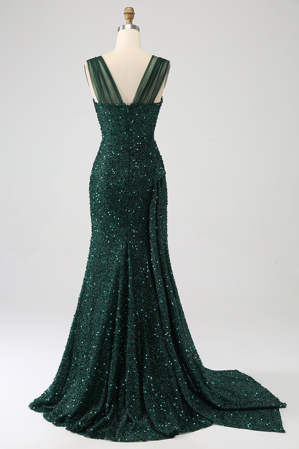 Sparkly Dark Green Sheath Sequin Pleated Long Prom Dress With Thigh Split