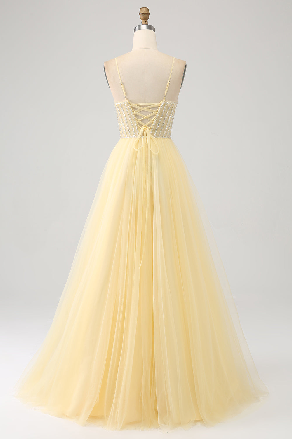 Light Yellow A-Line Spaghetti Straps Beaded Tulle Prom Dress with Slit