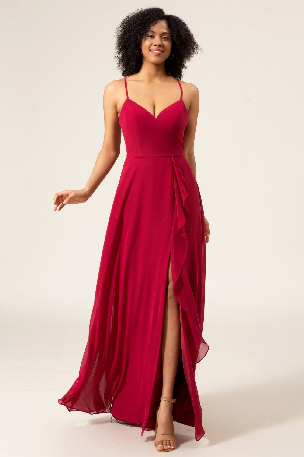 Burgundy A-Line Spaghetti Straps Long Chiffon Bridesmaid Dress with Slit Ruffles