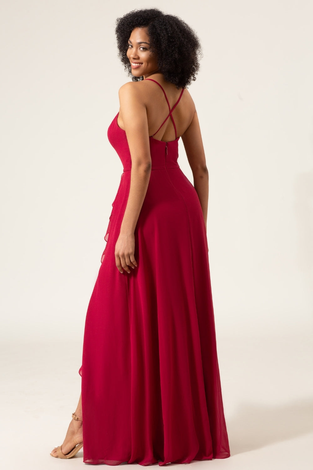 Burgundy A-Line Spaghetti Straps Long Chiffon Bridesmaid Dress with Slit Ruffles