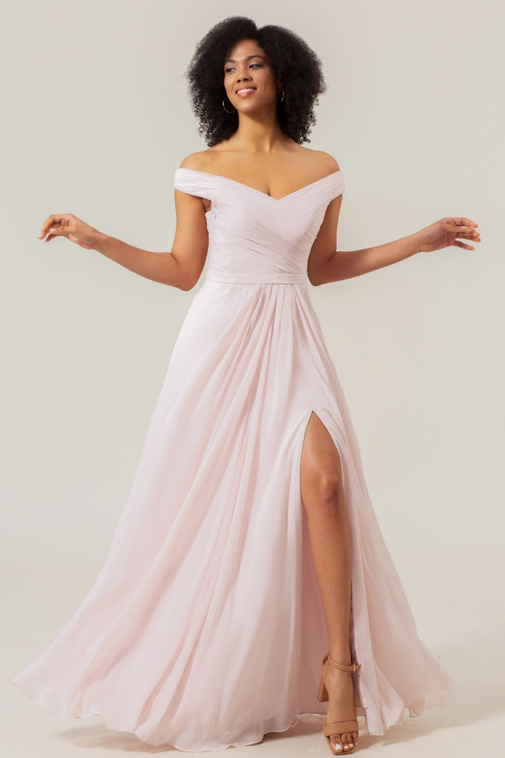 Blush Pink A-Line Off the Shoulder Chiffon Pleated Bridesmaid Dress with Slit