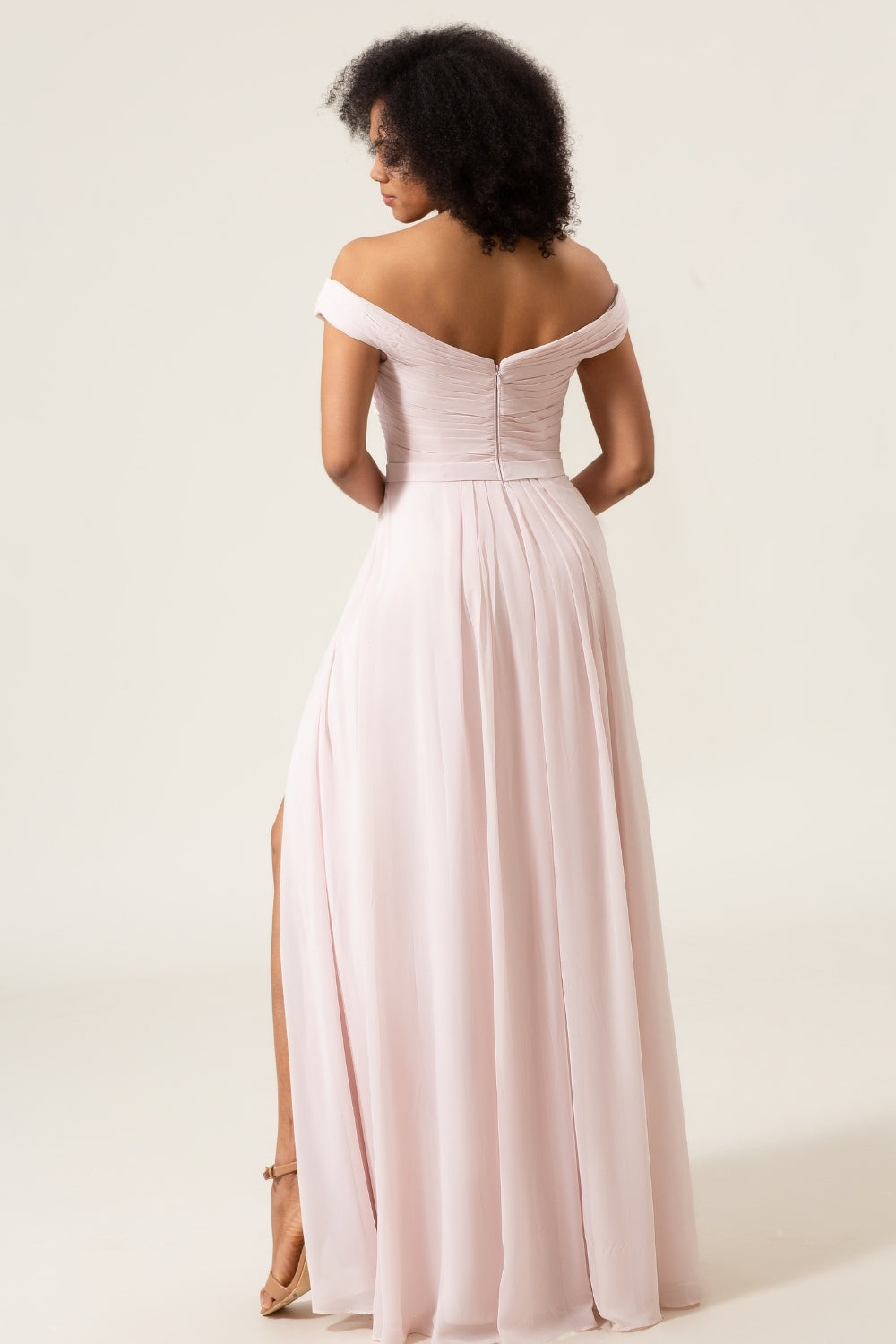 Blush Pink A-Line Off the Shoulder Chiffon Pleated Bridesmaid Dress with Slit