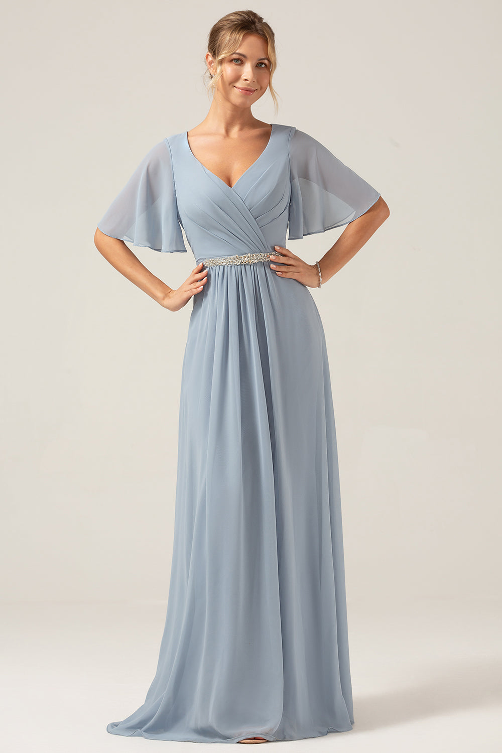 Dusty Blue A Line V Neck Chiffon Floor Length Bridesmaid Dress With Short Sleeves