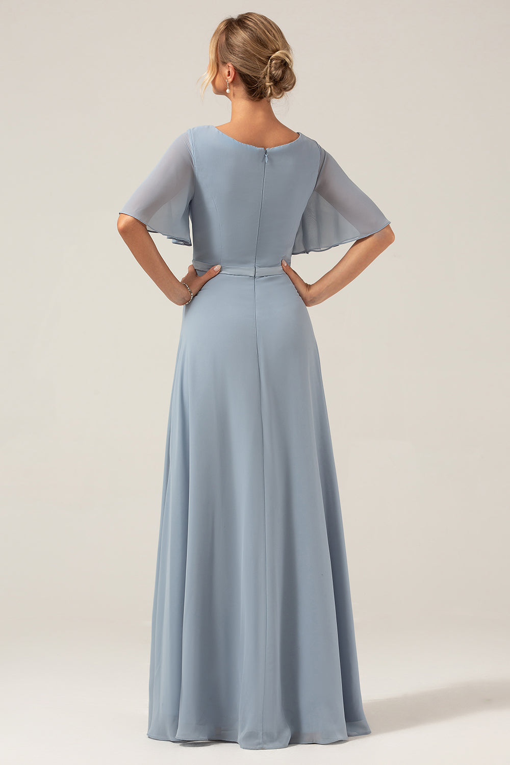 Dusty Blue A Line V Neck Chiffon Floor Length Bridesmaid Dress With Short Sleeves