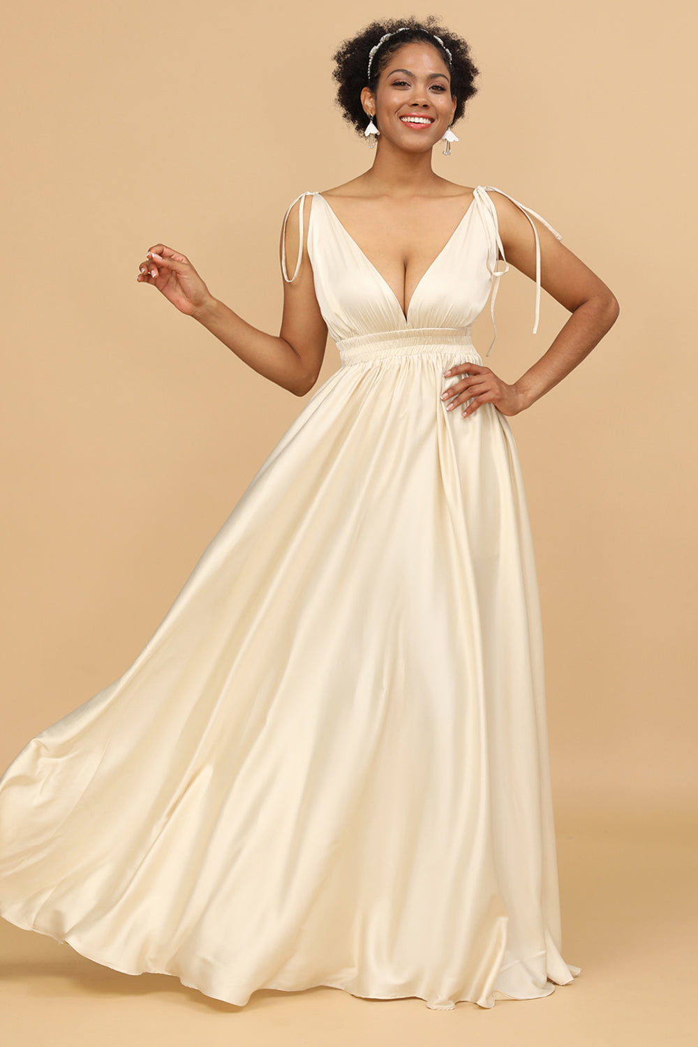 A Line Deep V-Neck Backless Floor Length Bridesmaid Dress