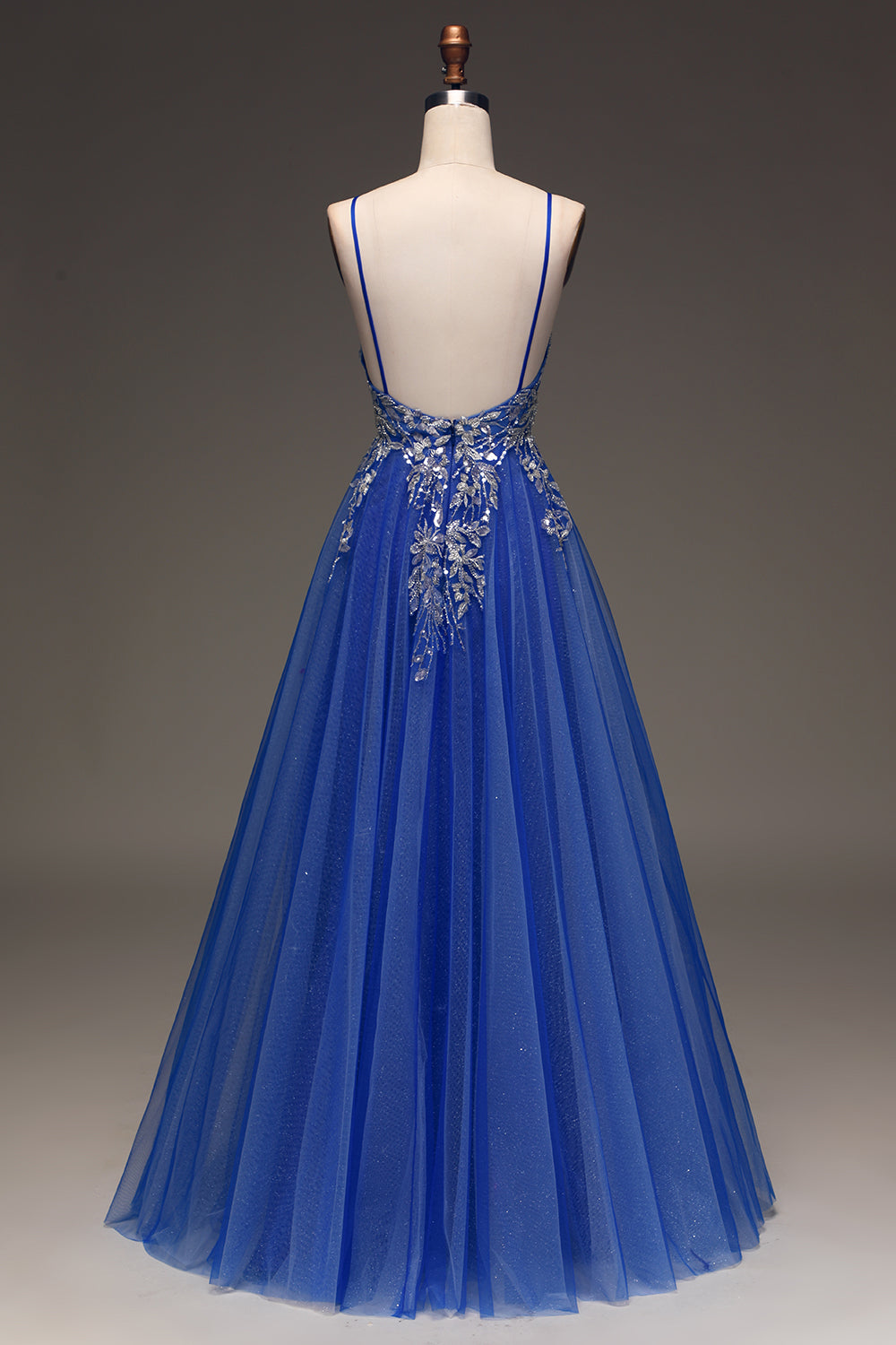 Royal Blue A Line Spaghetti Straps Sleeveless Sequin Long Prom Dress