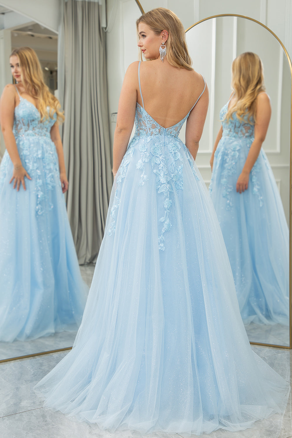 Light Blue A Line Corset Tulle Long Prom Dress With Appliques