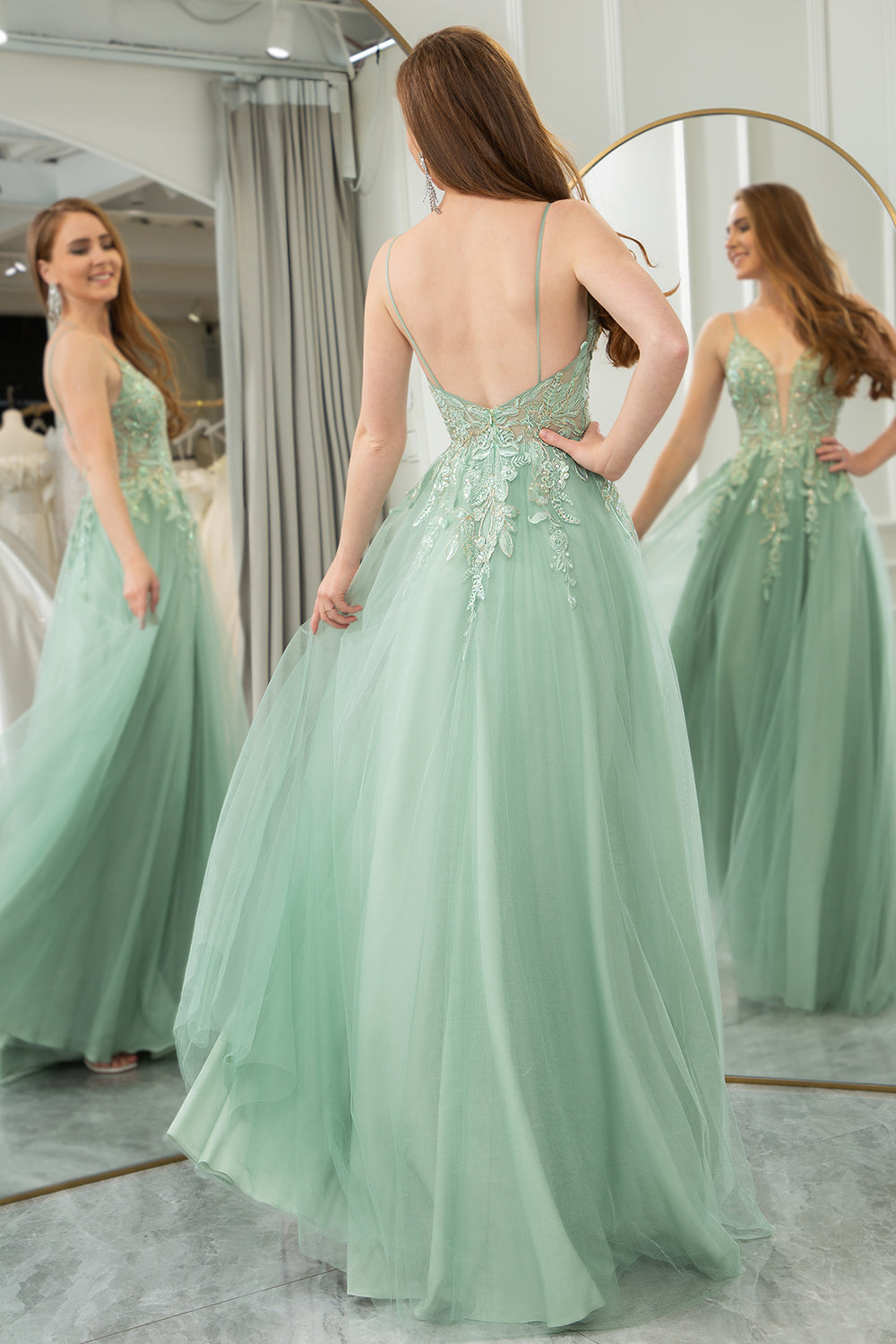 Green A Line Tulle Long Prom Dress With Appliques