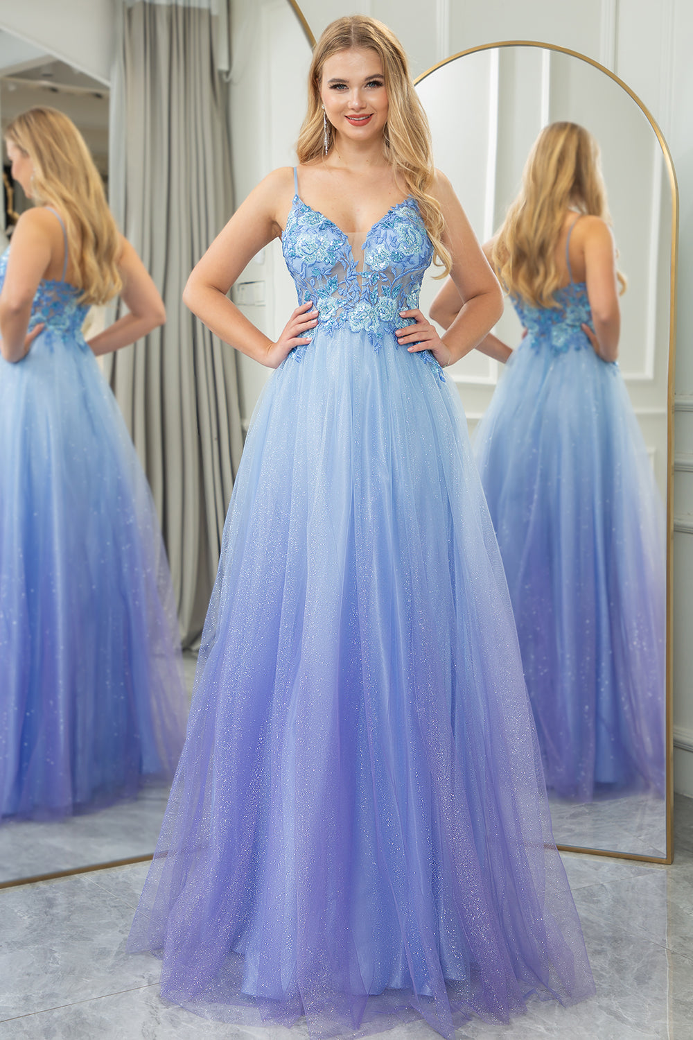 Sparkly Blue A Line Gradient Tulle Long Prom Dress With Appliques