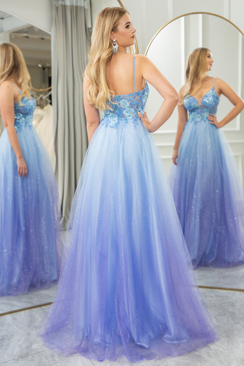 Sparkly Blue A Line Gradient Tulle Long Prom Dress With Appliques