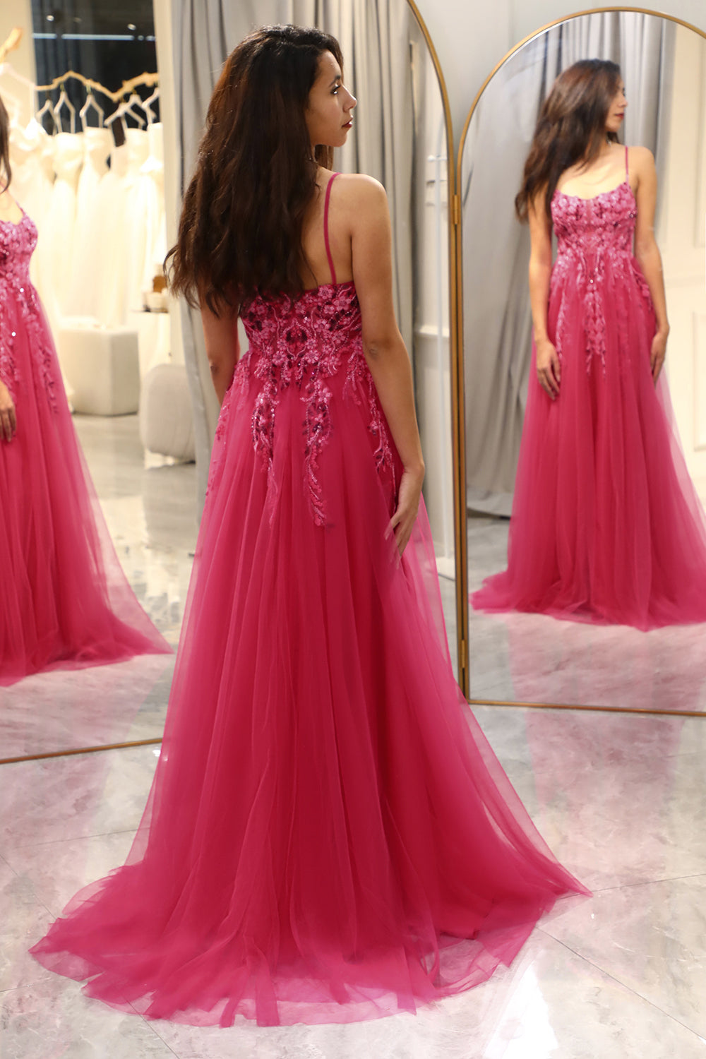 A Line Fuchsia Spaghetti Straps Tulle Long Prom Dress With Appliques