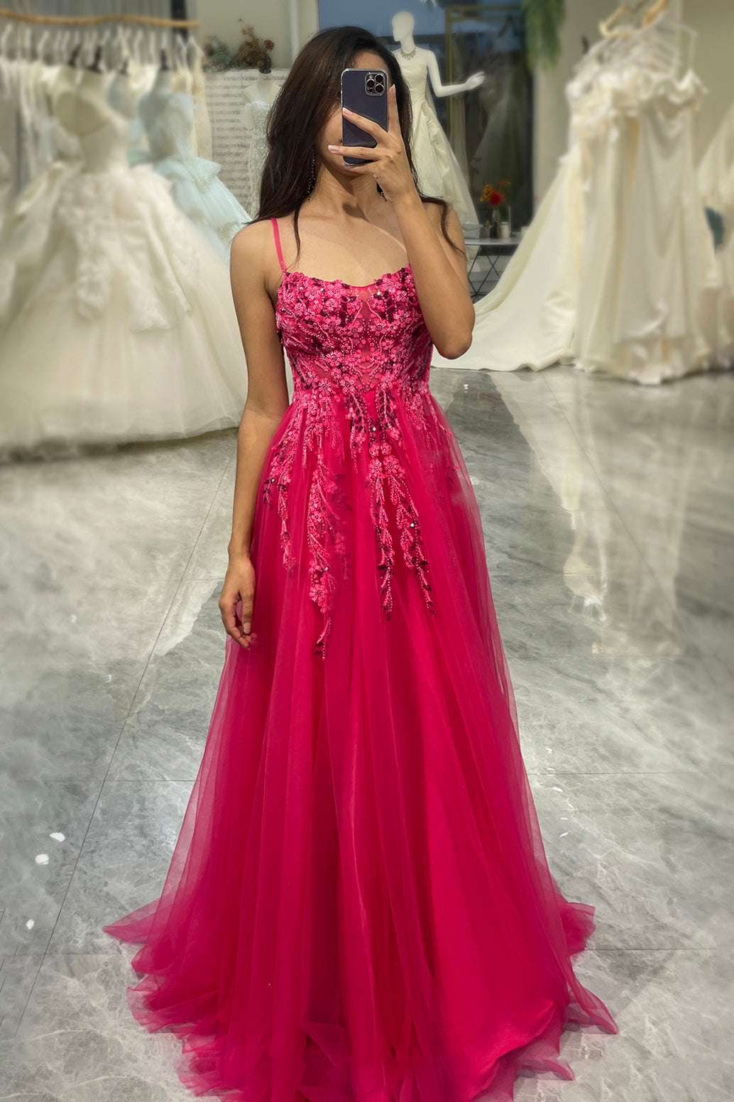 A Line Fuchsia Spaghetti Straps Tulle Long Prom Dress With Appliques