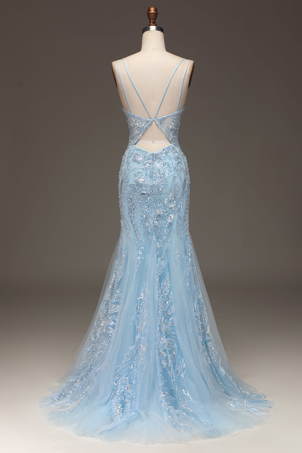 Blue Mermaid Tulle Beaded Long Prom Dress with Slit