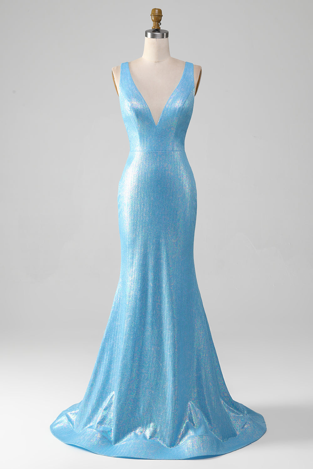 Glitter Blue Mermaid V-Neck Backless Long Prom Dress