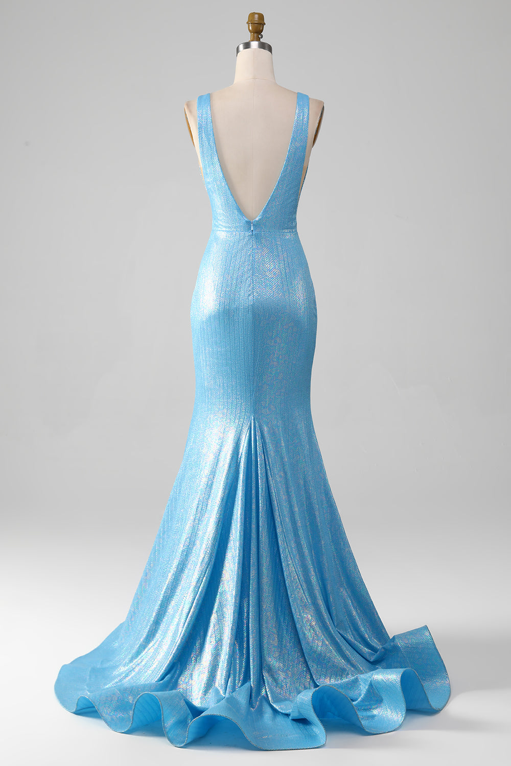 Glitter Blue Mermaid V-Neck Backless Long Prom Dress