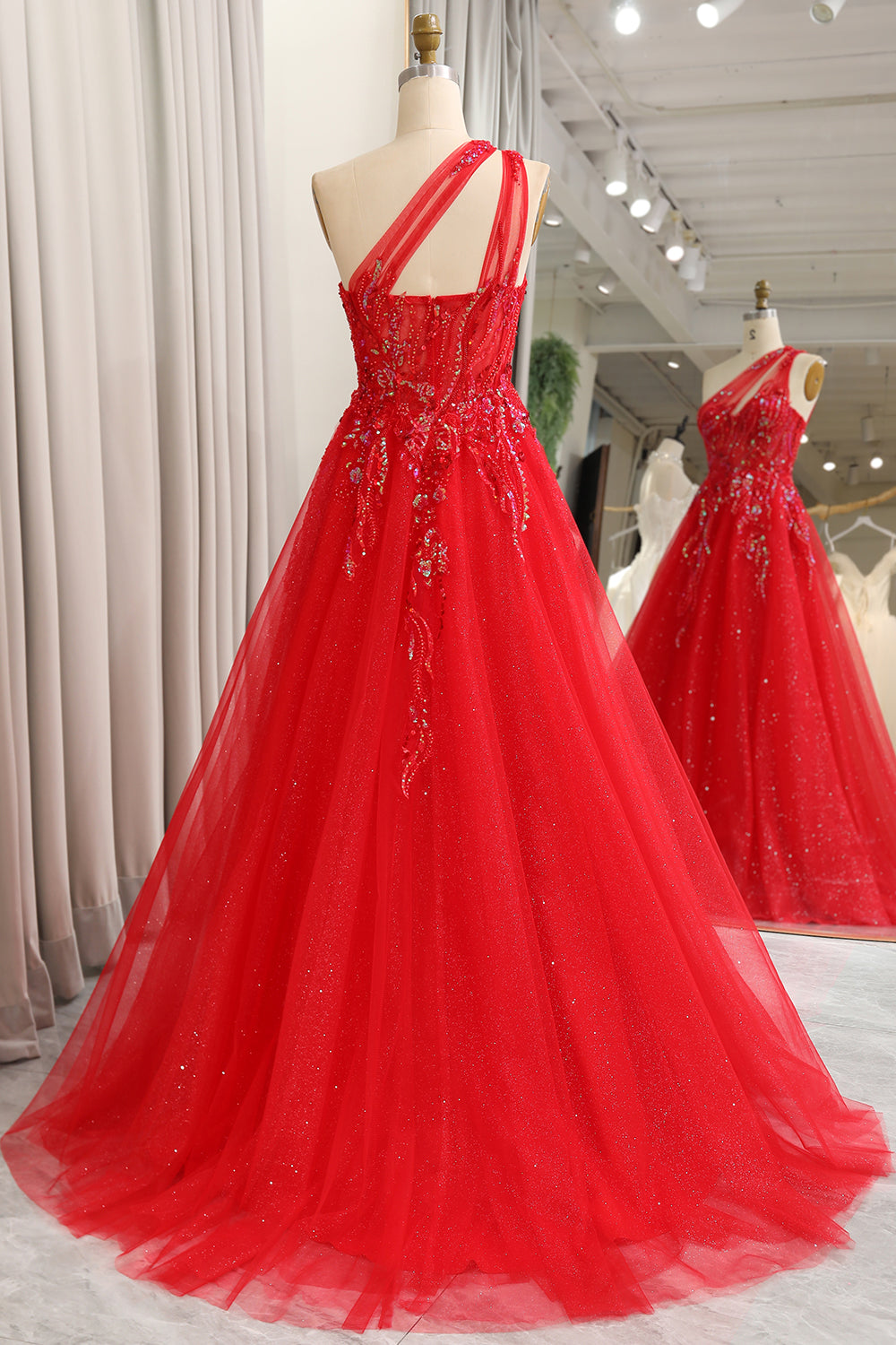 Sparkly Red A-Line One Shoulder Long Prom Dress With Sequins