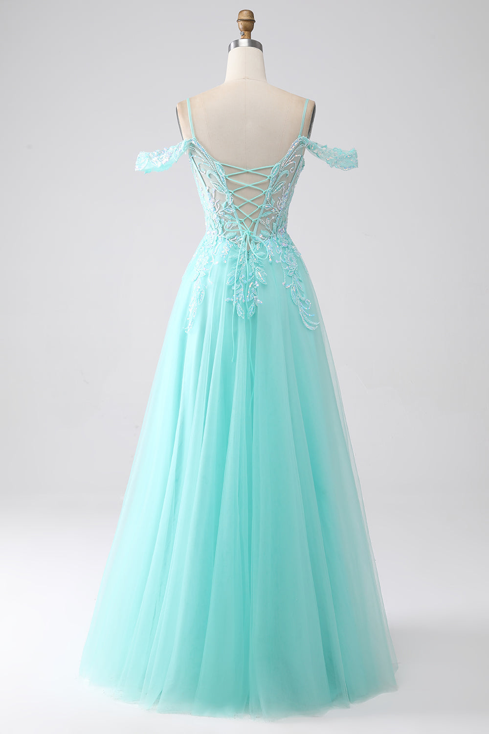 Light Green A-Line Spaghetti Straps Cold Shoulder Sequins Prom Dress