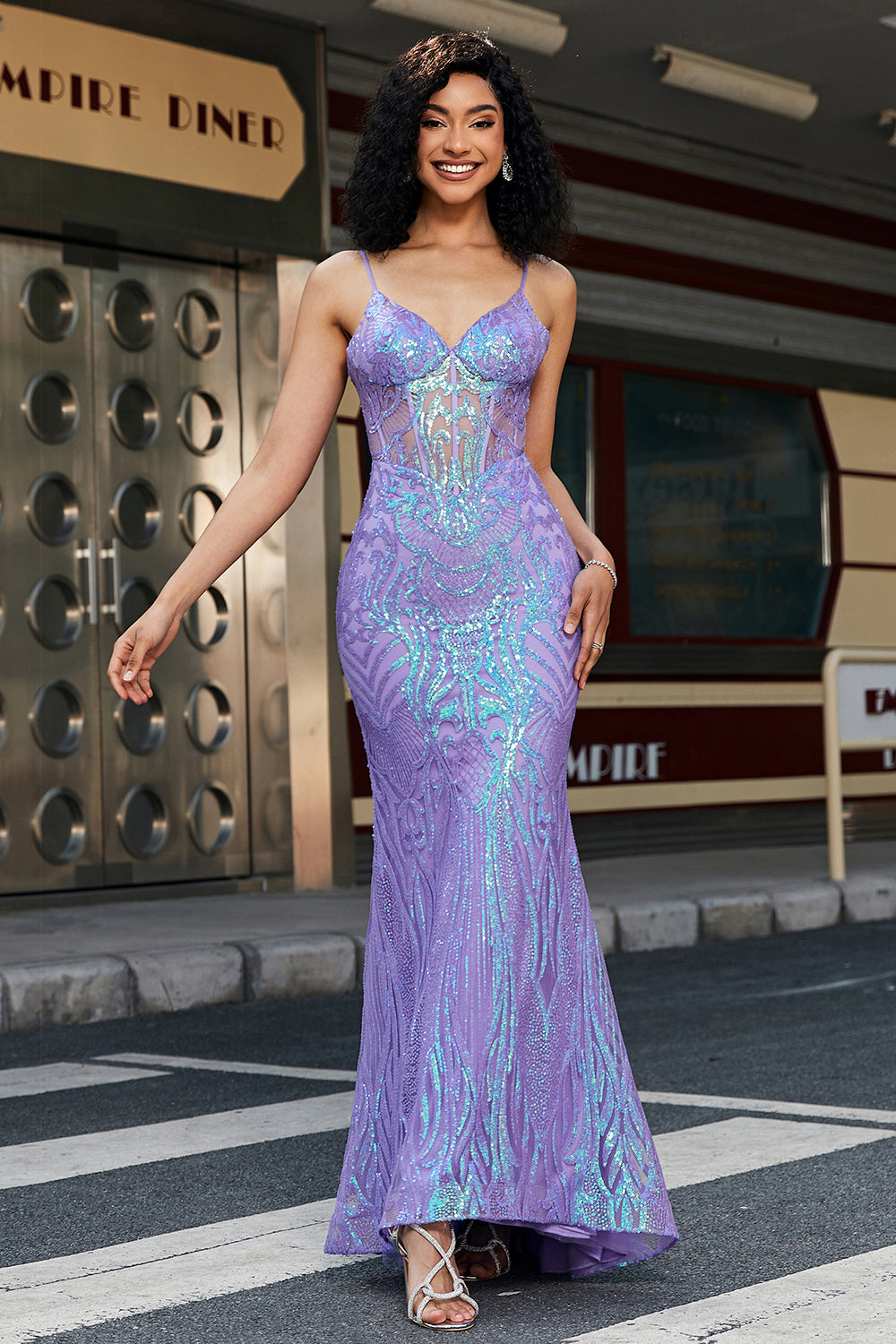 Sparkly Purple Mermaid Spaghetti Straps Prom Dress with Sequins