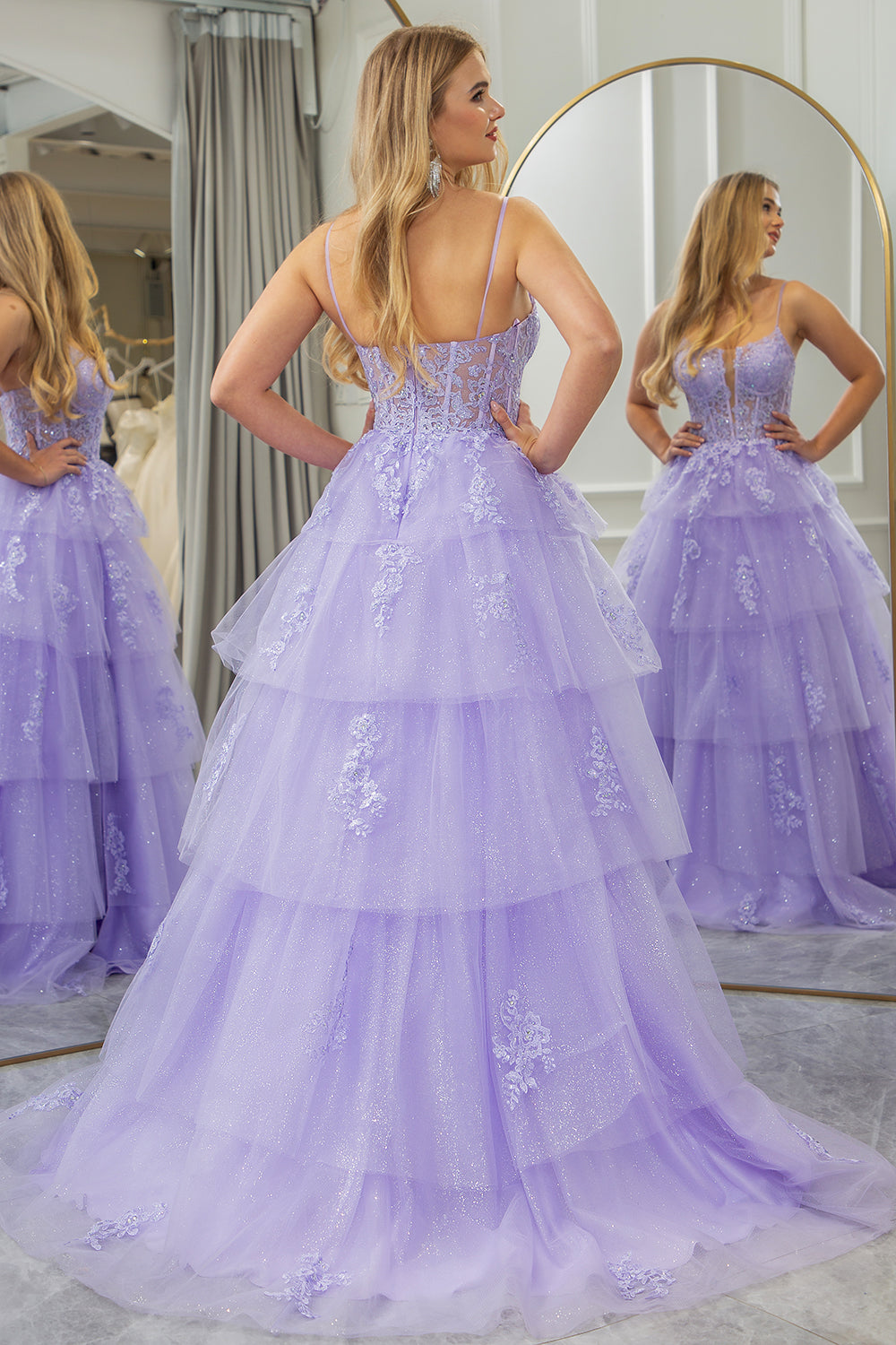 Sparkly Lilac A Line Appliqued Tiered Long Corset Prom Dress With Slit