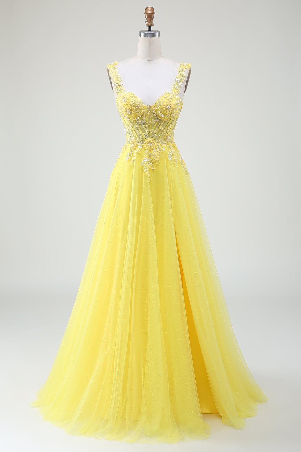 Yellow A-Line Tulle Sparkly Beaded Corset Prom Dress with Slit