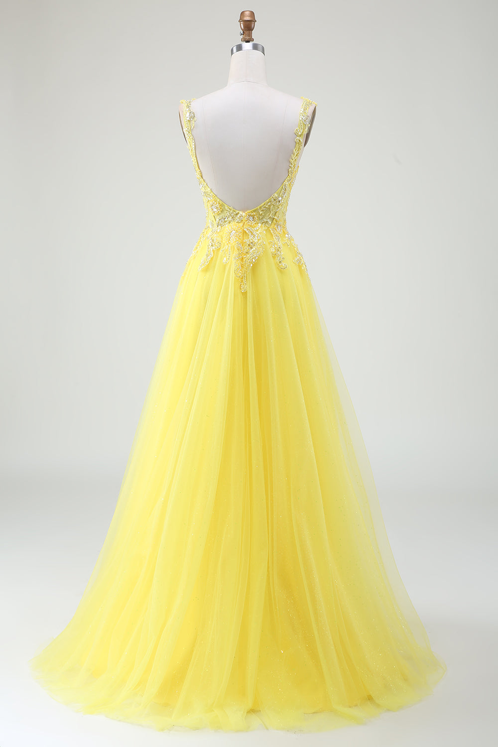 Yellow A-Line Tulle Sparkly Beaded Corset Prom Dress with Slit