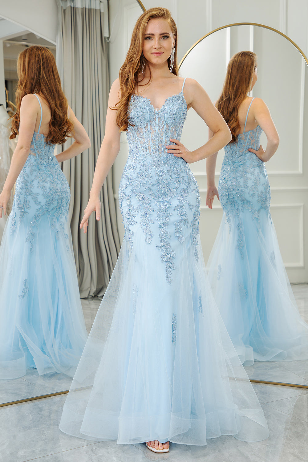 Light Blue Mermaid Appliqued Long Corset Prom Dress With Slit