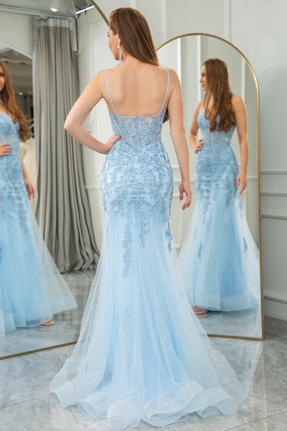 Light Blue Mermaid Appliqued Long Corset Prom Dress With Slit