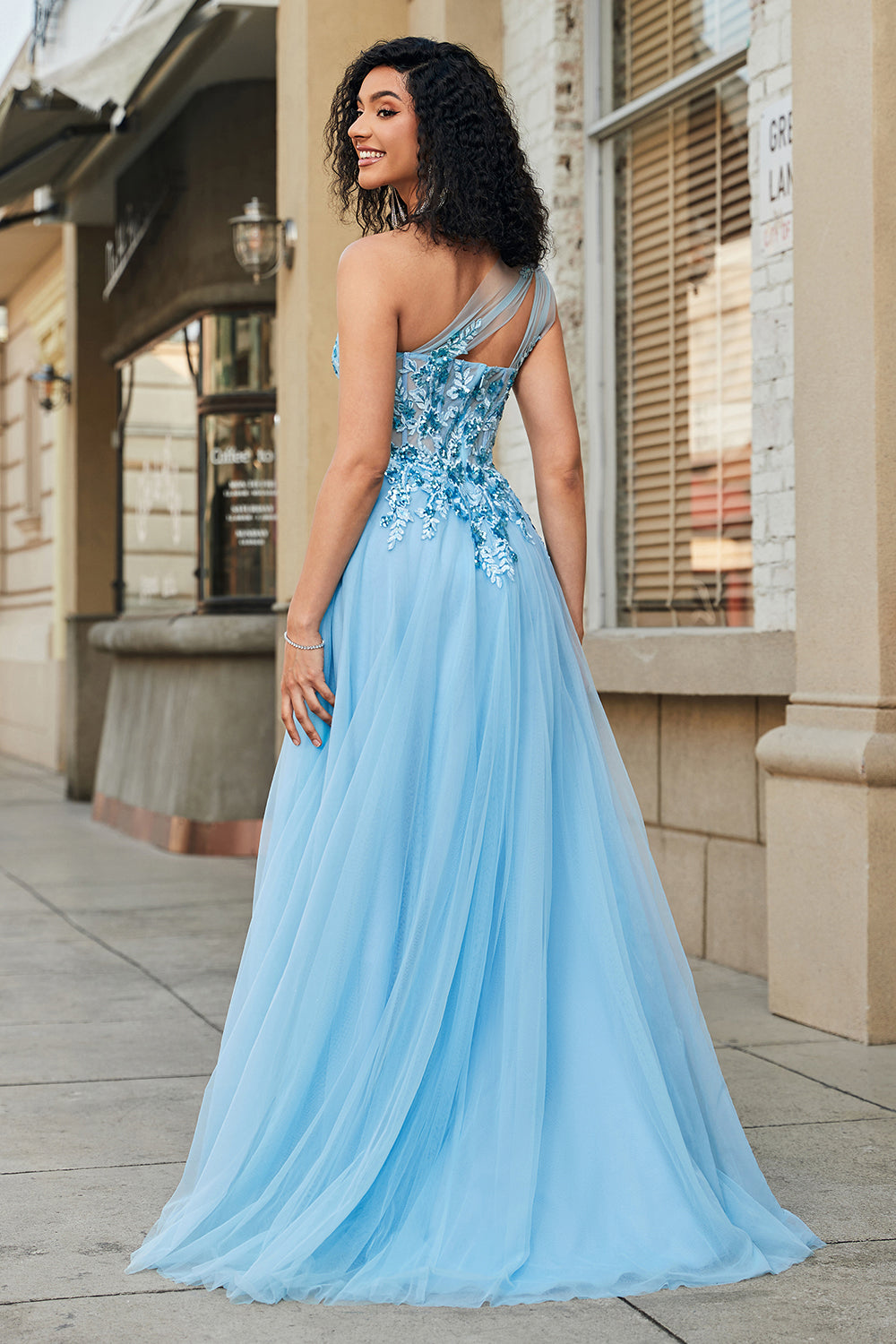 A-Line One Shoulder Sequin Light Blue Long Prom Dress with Appliques