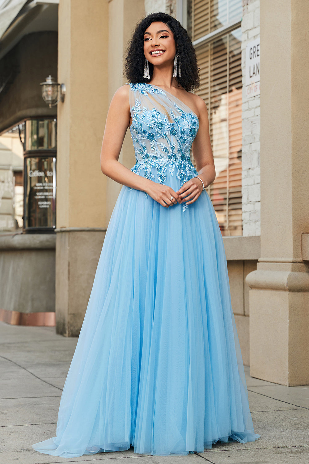 A-Line One Shoulder Sequin Light Blue Long Prom Dress with Appliques