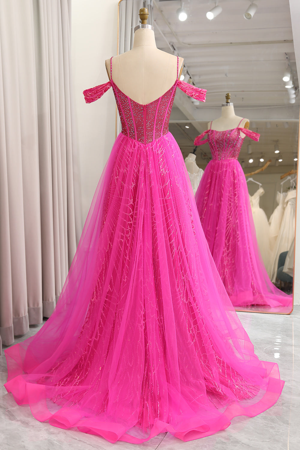 Sparkly Fuchsia A-Line Cold Shoudler Corset Long Prom Dress with Beading