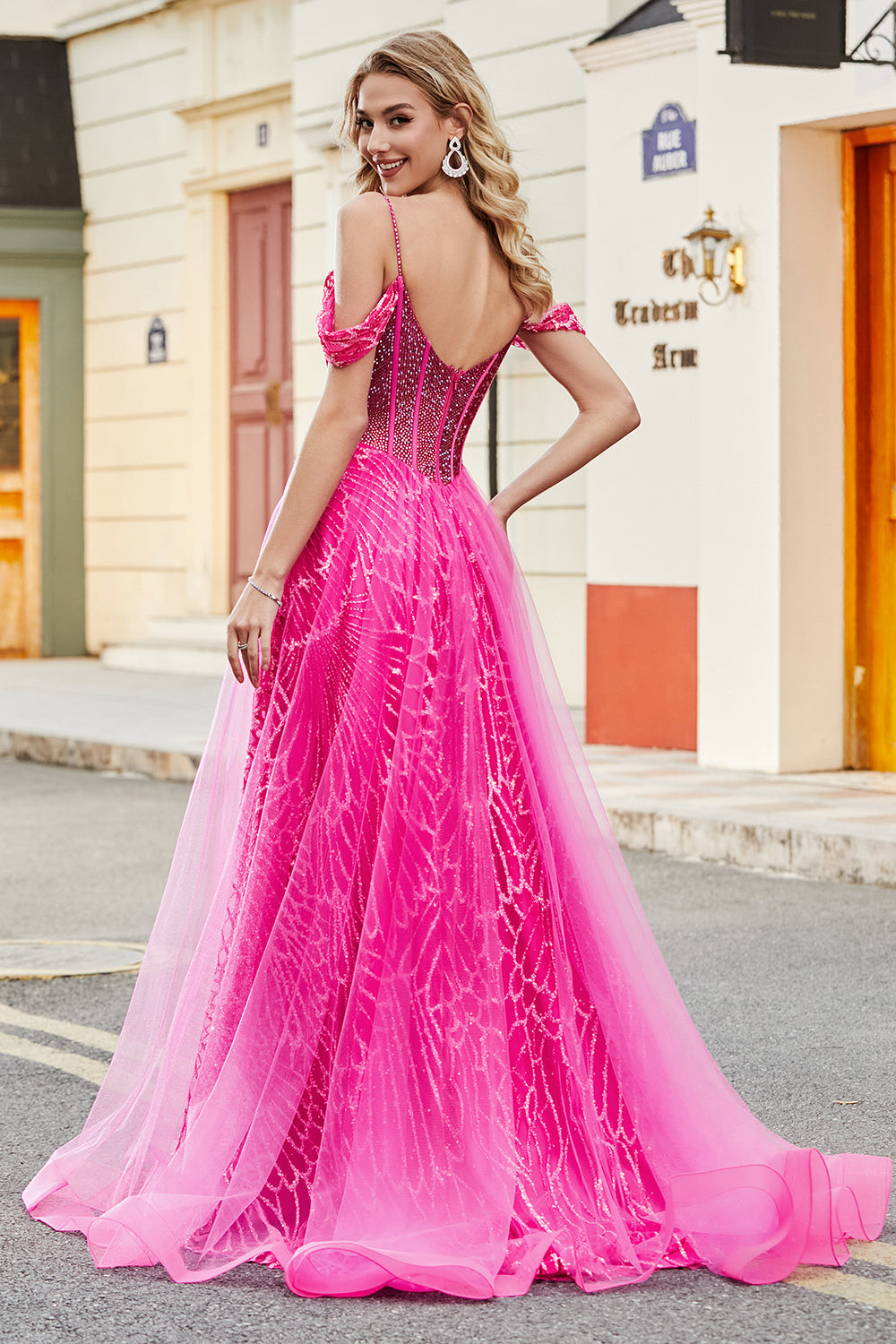 Sparkly Hot Pink A-Line Cold Shoudler Corset Prom Dress with Beading