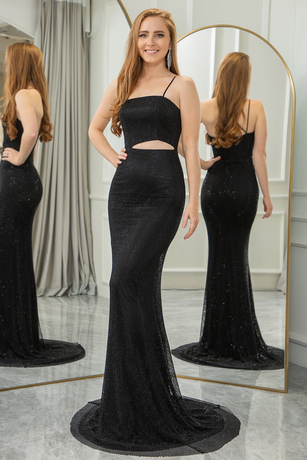 Glitter Black Mermaid Spaghetti Straps Cut Out Long Prom Dress