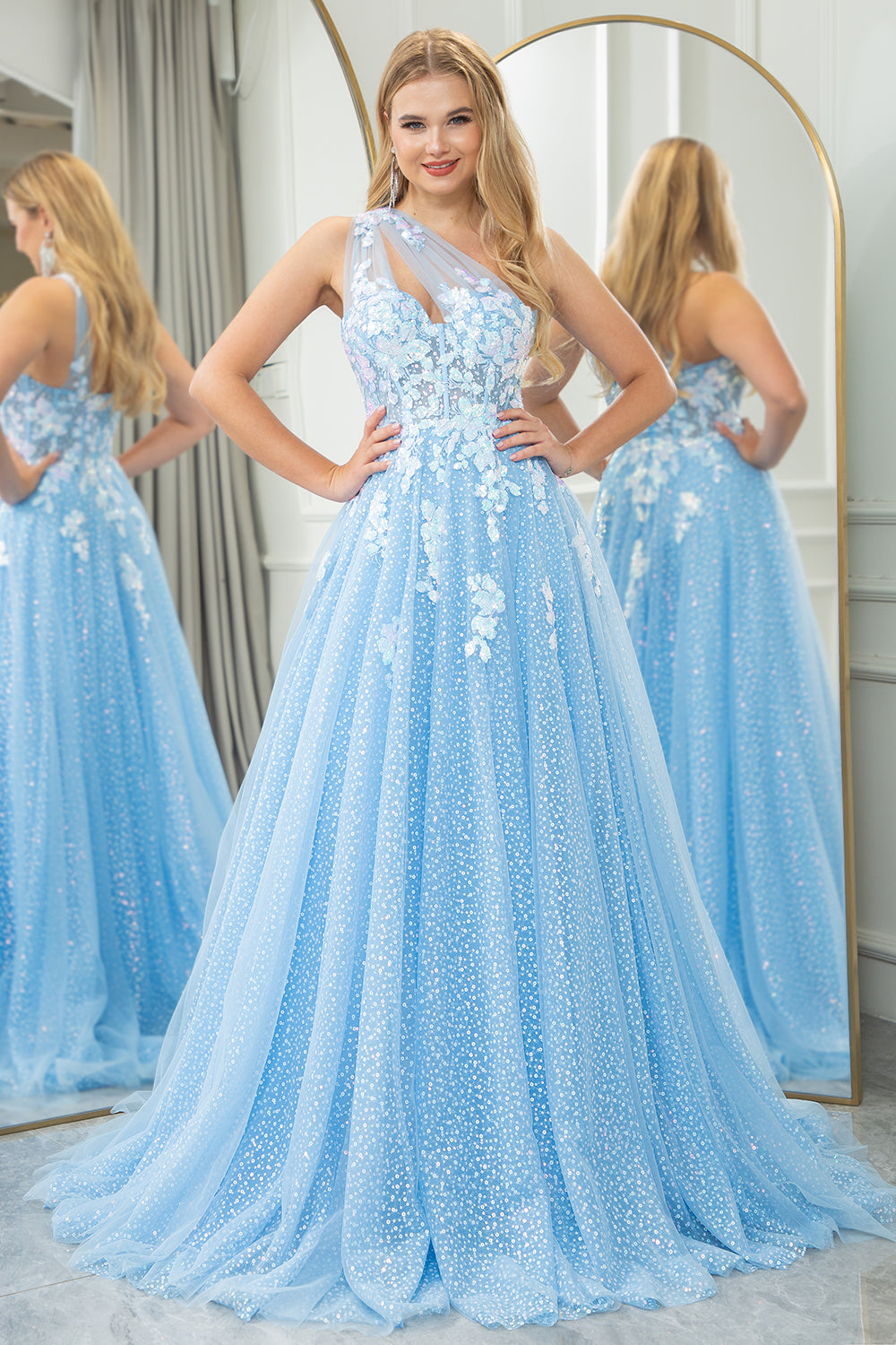 Light Blue A Line One Shoulder Sparkly Sequin Tulle Prom Dress With Appliques