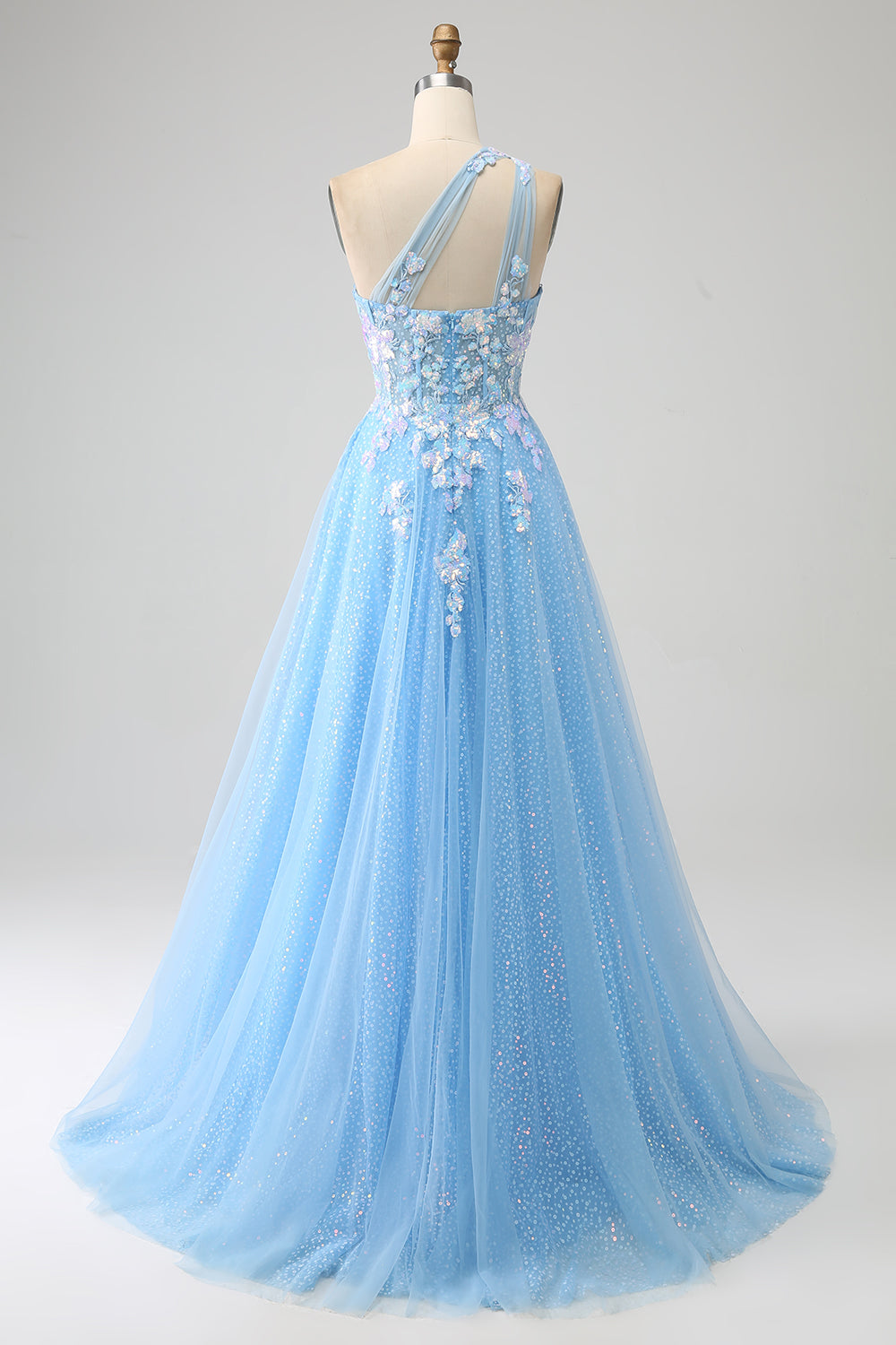 Stunning Light Blue A Line One Shoulder Long Tulle Prom Dress with Appliques