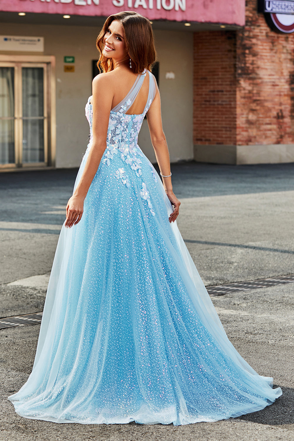 Light Blue A Line One Shoulder Long Tulle Prom Dress With Appliques