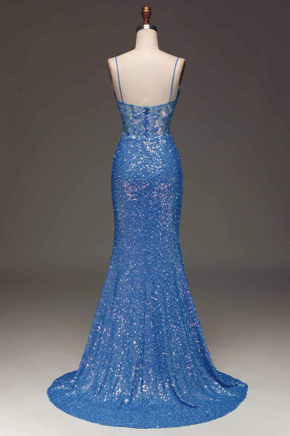 Sparkly Blue Spaghetti Straps Corset Prom Dress with Slit