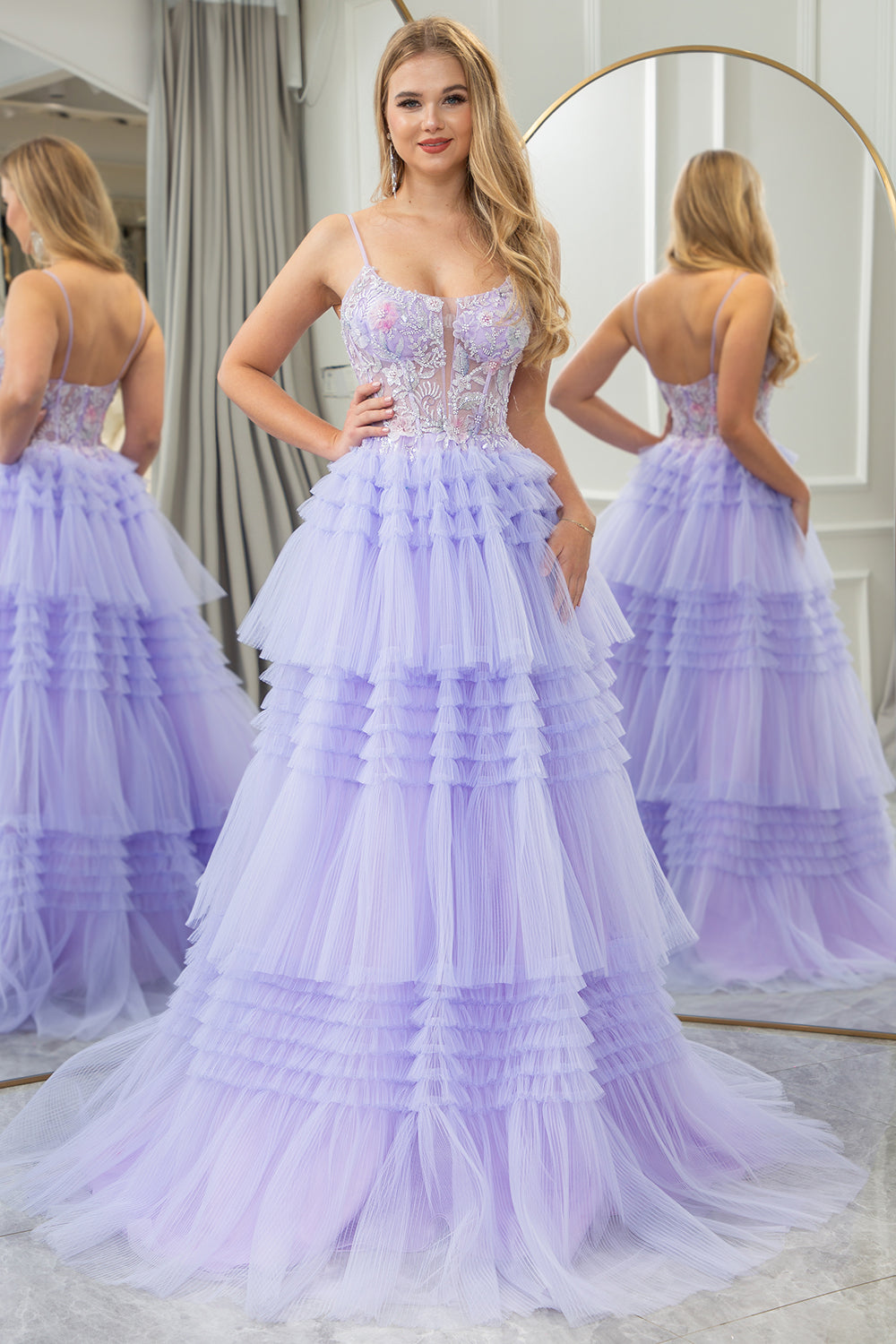 Lilac A Line Tiered Tulle Corset Long Prom Dress With Beaded Flower Appliques