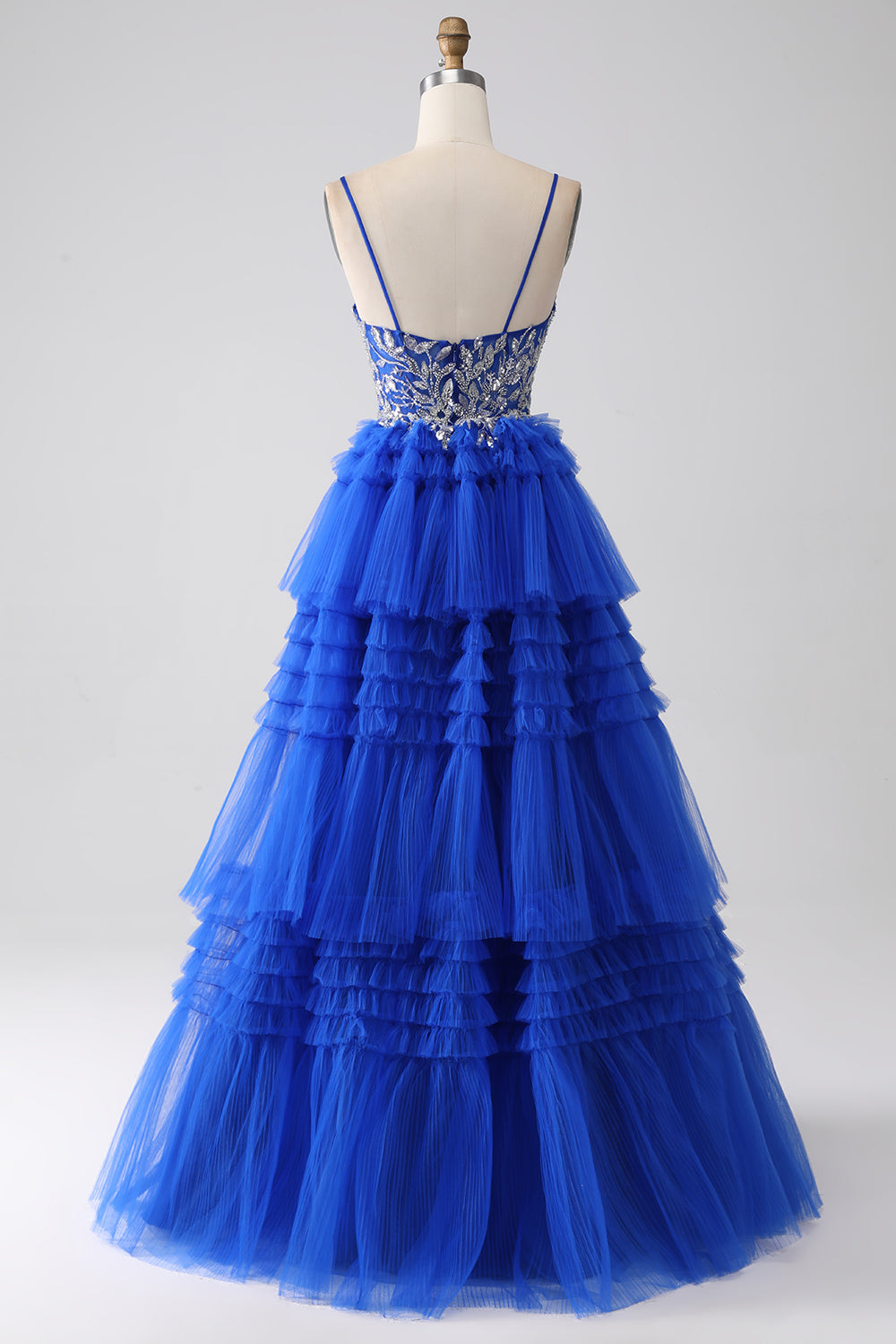 Royal Blue Spaghetti Straps Tiered Prom Dress with Sequins