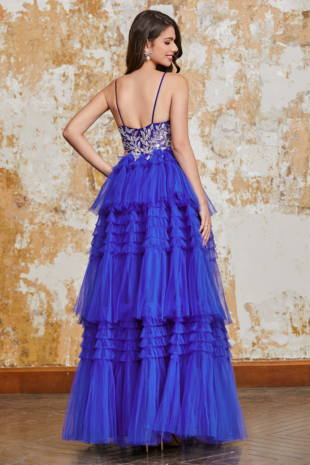 Gorgeous Royal Blue A Line Spaghetti Straps Tiered Prom Dress with Ruffles Appliques