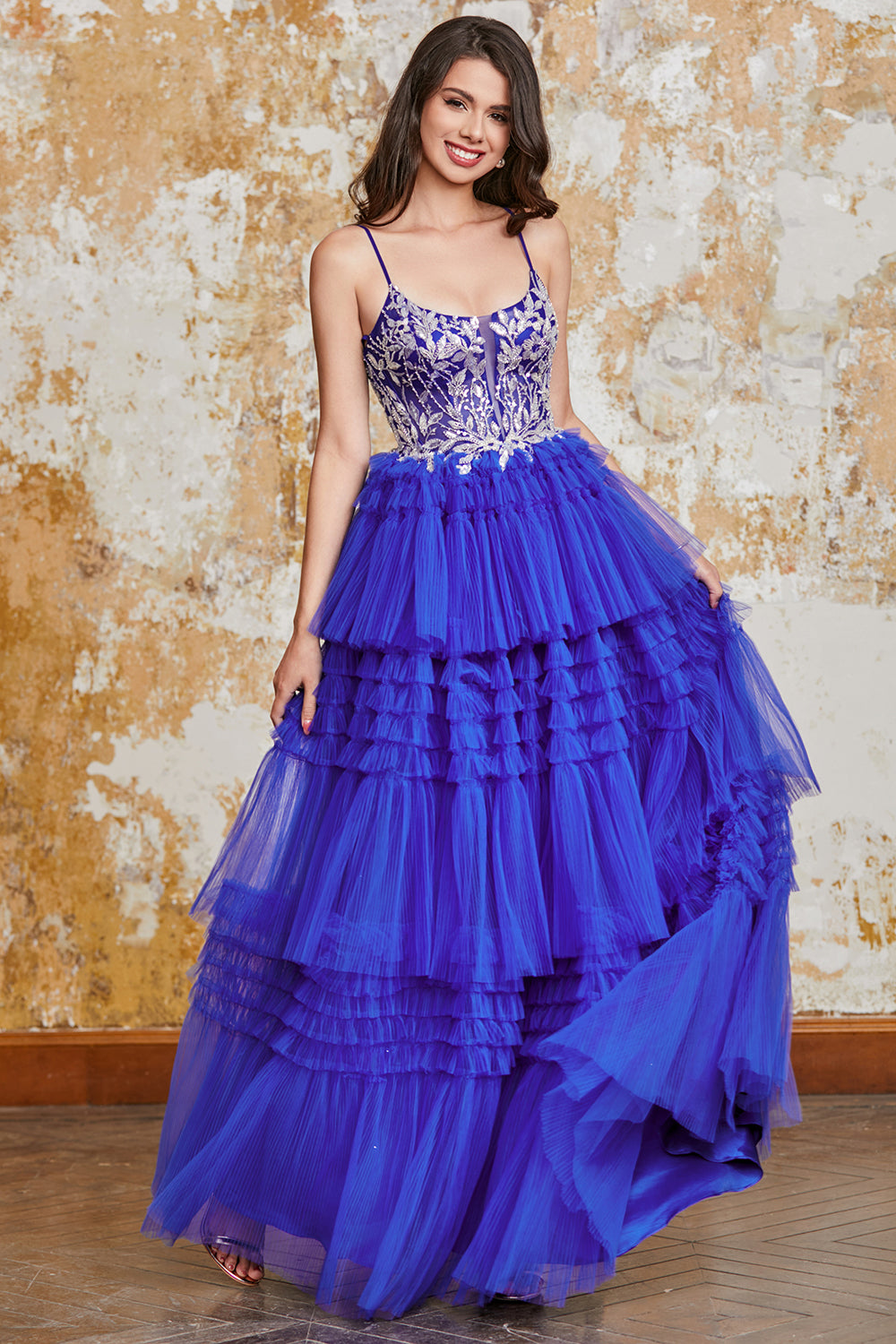 Gorgeous Royal Blue A Line Spaghetti Straps Tiered Prom Dress with Ruffles Appliques