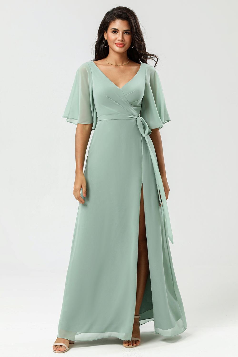 A Line V Neck Long Chiffon Matcha Bridesmaid Dress with Slit