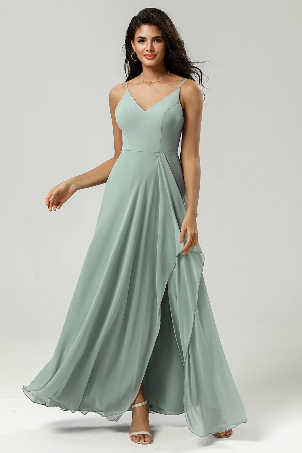 A Line Spaghetti Straps V Neck Floor Length Chiffon Bridesmaid Dress with Slit