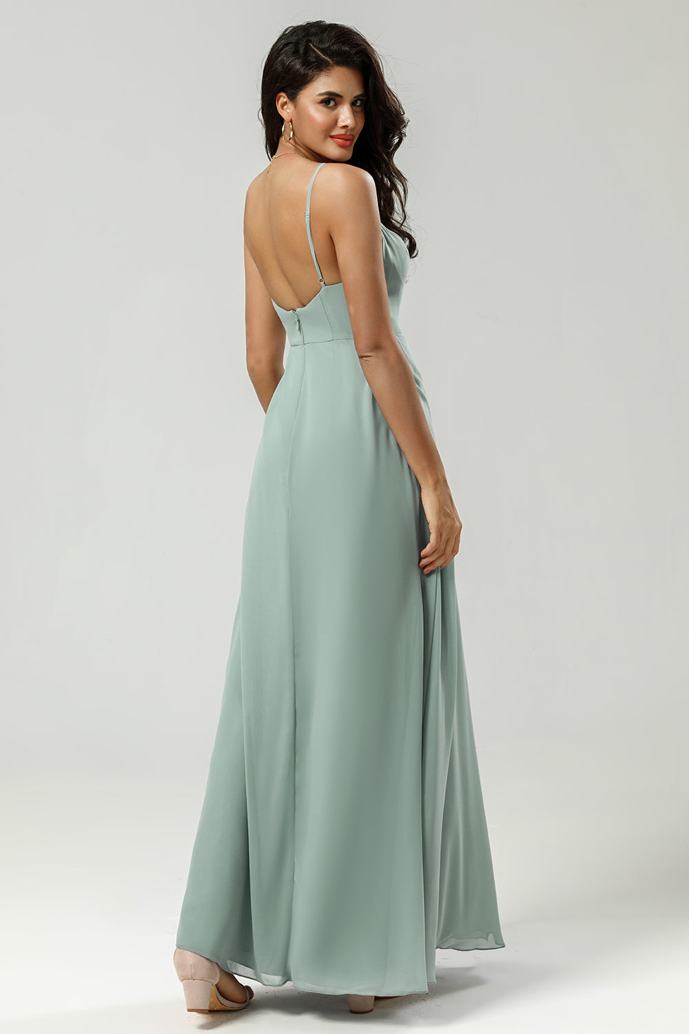 A Line Spaghetti Straps V Neck Floor Length Chiffon Bridesmaid Dress with Slit