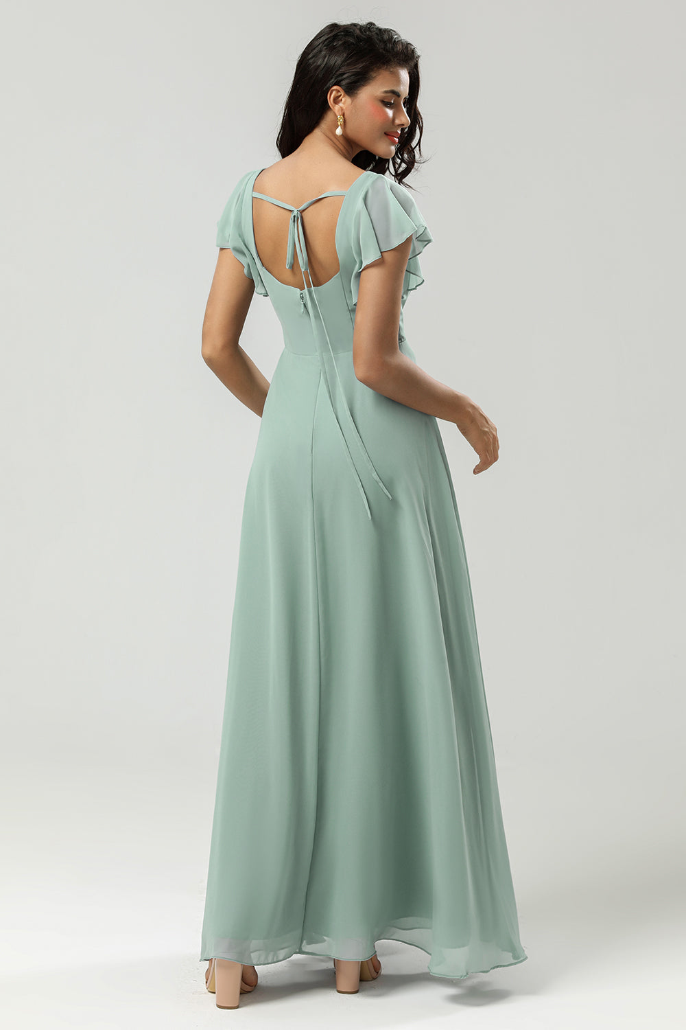 A Line Square Neck Floor-Length Chiffon Bridesmaid Dress with Slit