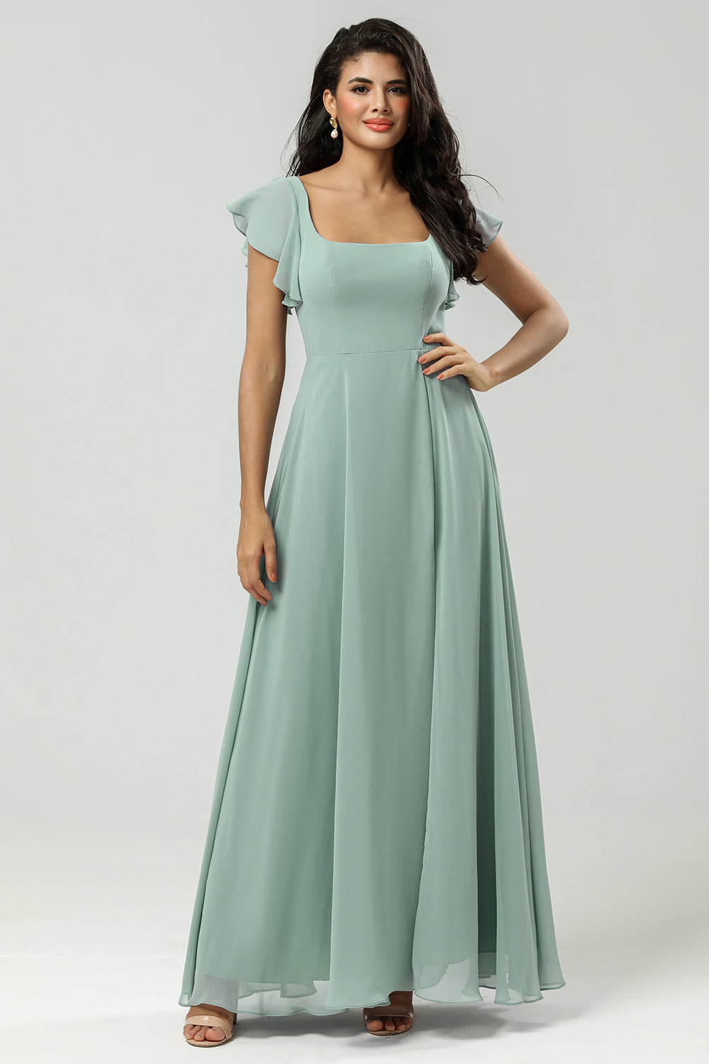 A Line Square Neck Floor-Length Chiffon Bridesmaid Dress with Slit