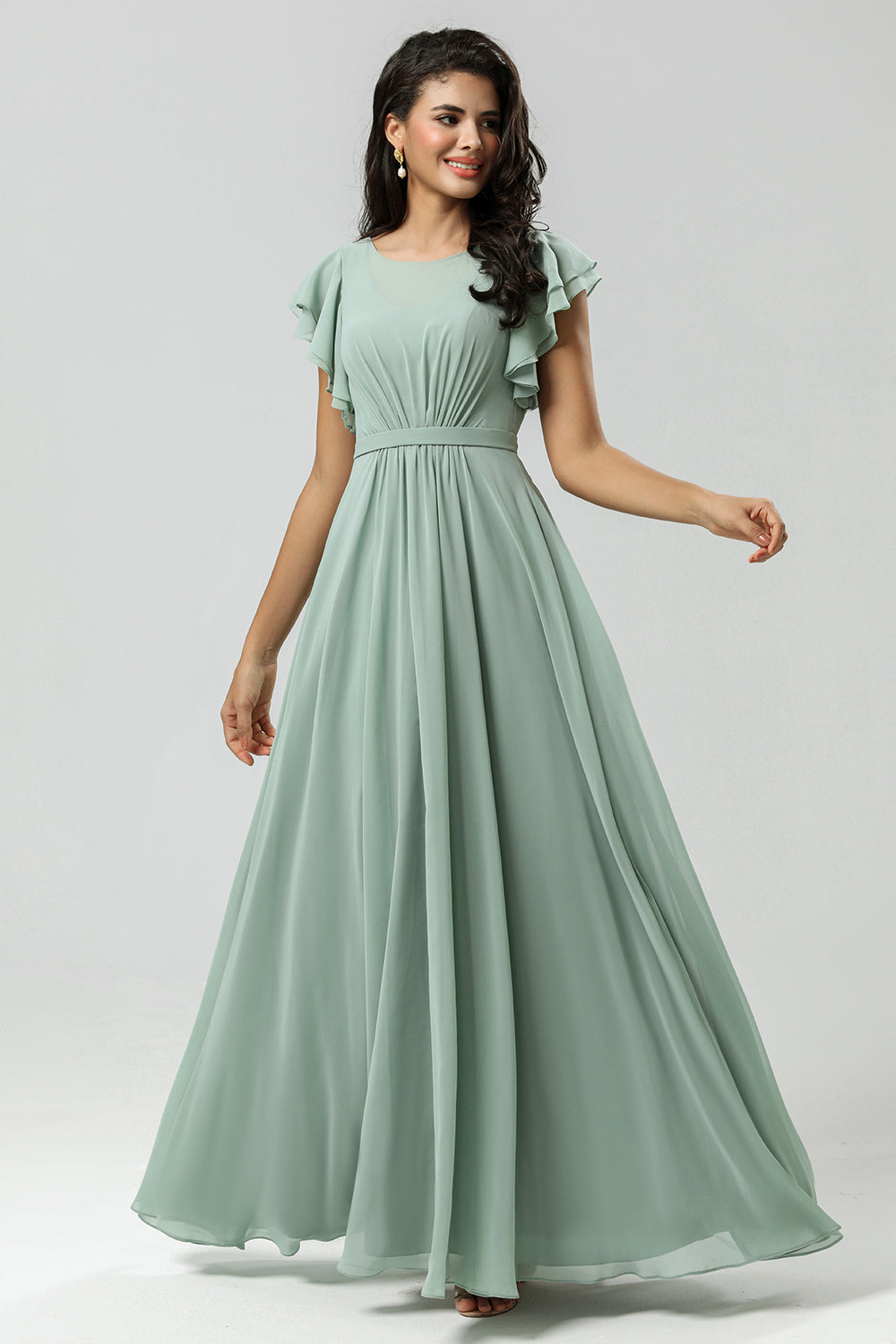 Matcha A Line Round Neck Ruched Floor Length Chiffon Bridesmaid Dress